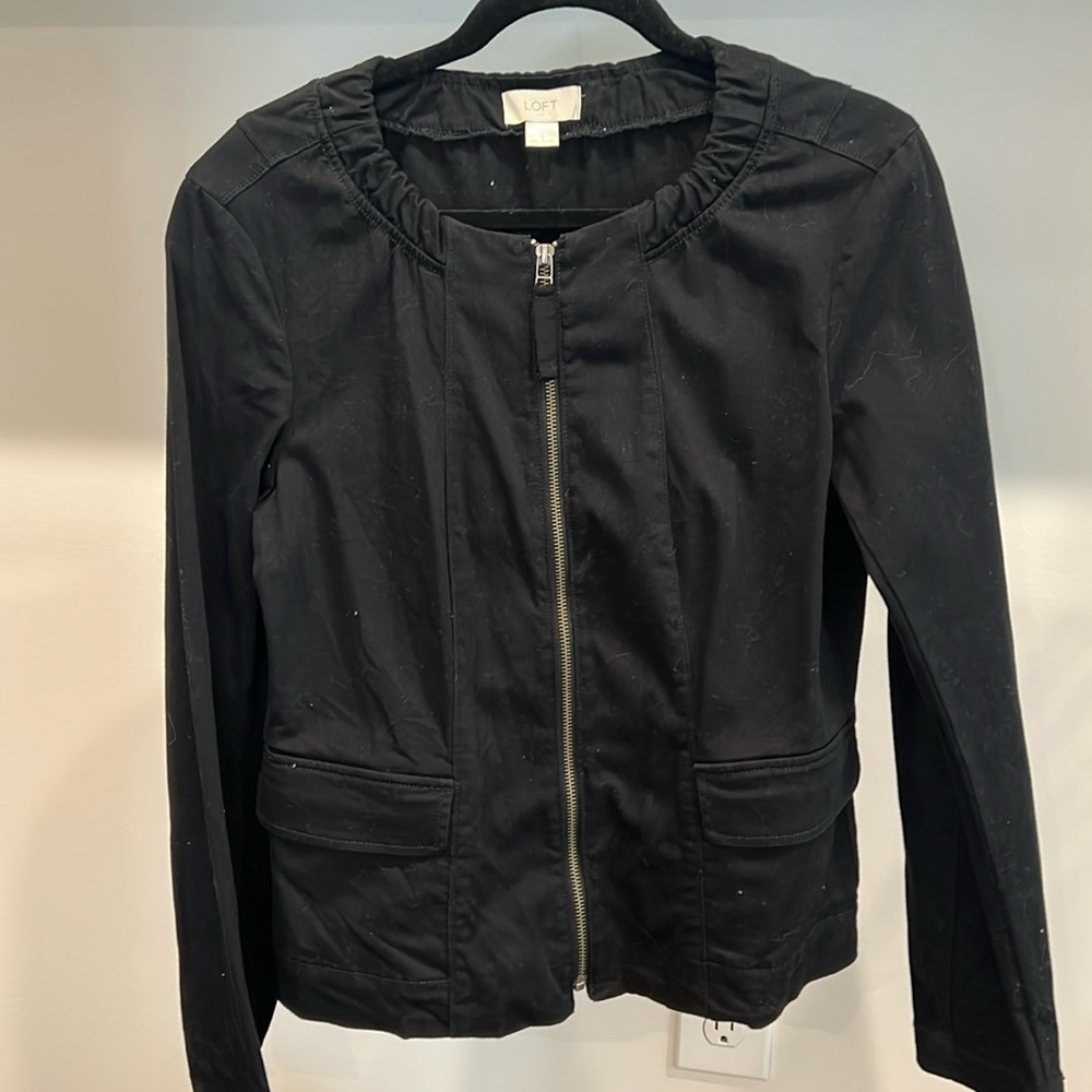 LOFT black cropped cotton jacket with back ruffle detail and two front pockets